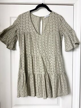 Vestique Light Sage Eyelet Tiered Midi Dress